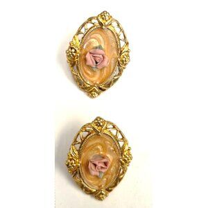 Avon Victoria Rose Brooch Earrings Set Pink Enamel Gold Tone 1989